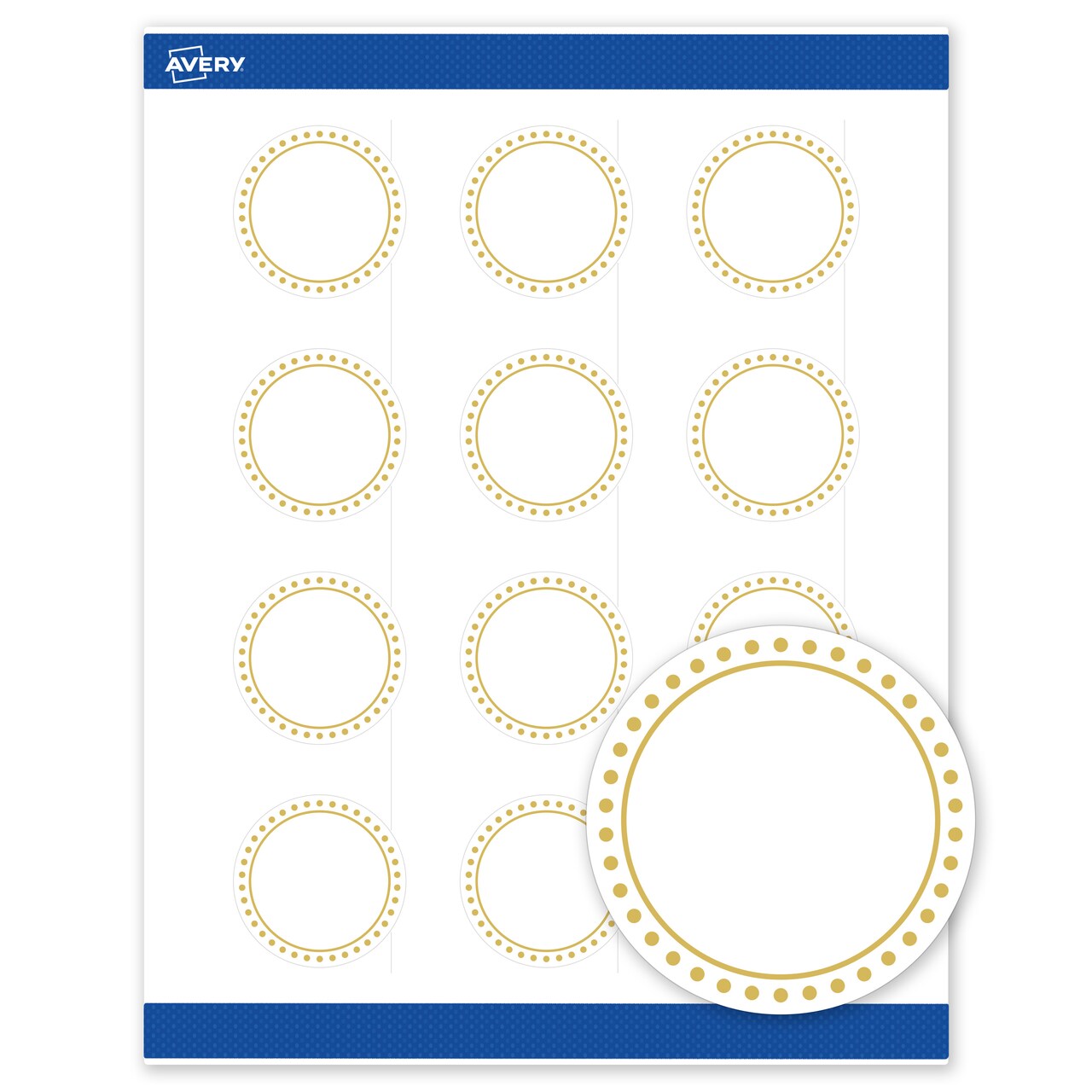 Avery Printable Round Labels with Sure Feed Technology, Gold Border with Gold Dots Design, 2" Diameter, Matte White Permanent Labels, Laser/Inkjet, 120 Total, Great for Product Labels